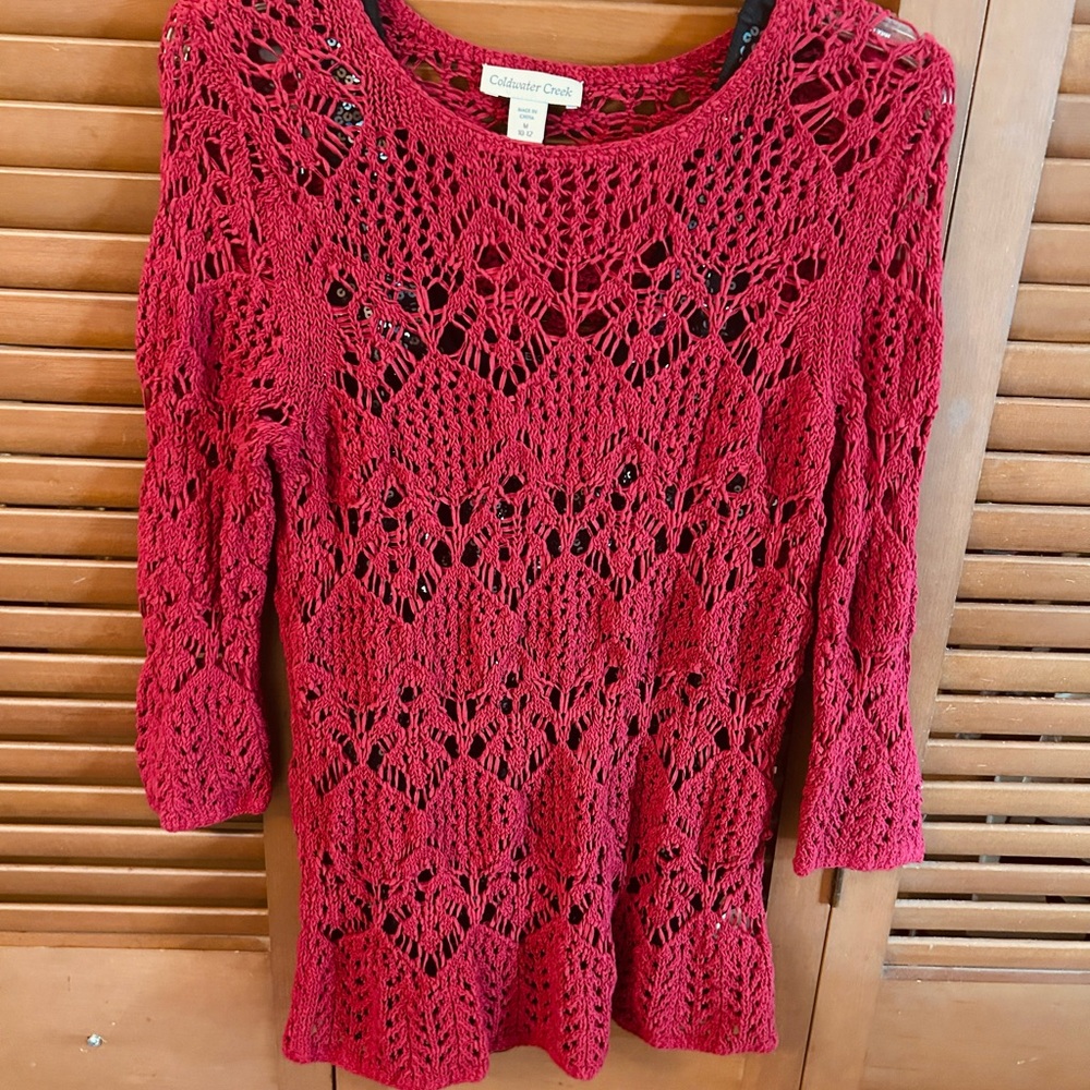 | NEW Coldwater Creek Burgundy Open Weave Crochet Top